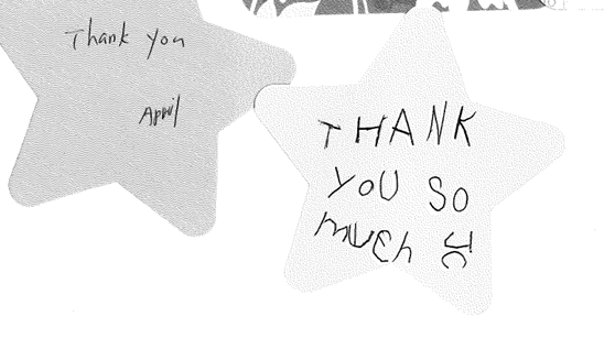 2 notes reading: Thank you April and: Thank you so much JC